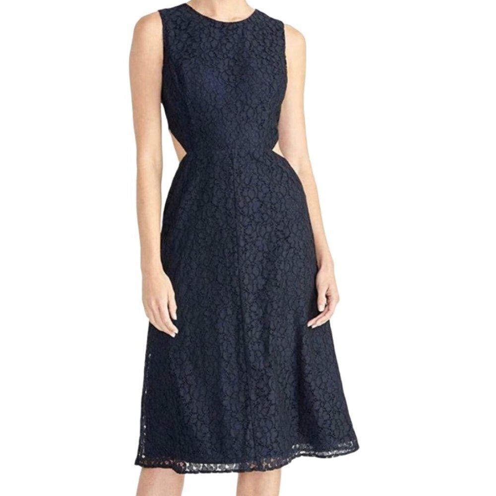 Navy Lace Sleeveless Jewel Neck Midi Sheath Dress - Picture 1 of 1